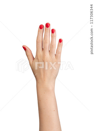 Women hand with short red nails, fingernails manicure isolated on white background 117306344