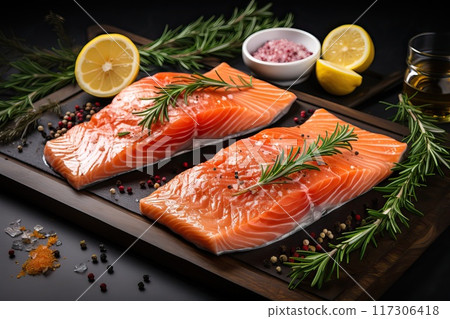Fresh salmon steak with salt and lemon on black board and background. 117306418