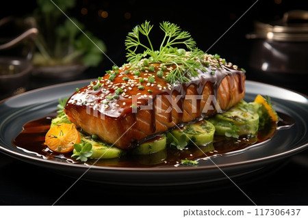 Cooked salmon fillet with teriyaki sauce and sesame with mashed avocado 117306437
