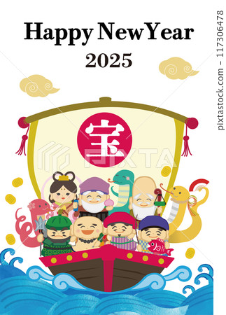 2025蛇年新年賀卡模板，手繪日式插畫寶船上七福神 117306478