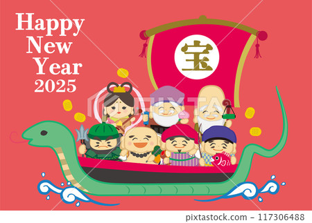 2025 Year of the Snake New Year's card template with hand-drawn Japanese-style illustration of the Seven Lucky Gods riding on a treasure ship 117306488