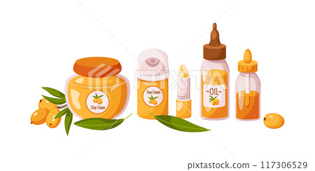 Sea buckthorn berries products 2D cartoon objects set Sea buckthorn berries products 2D cartoon objects set 117306529