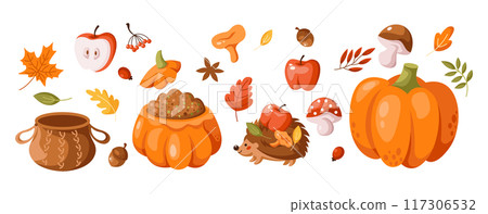Cozy autumn warm clothes and tasty food 2D cartoon objects Cozy autumn warm clothes and tasty food 2D cartoon objects 117306532