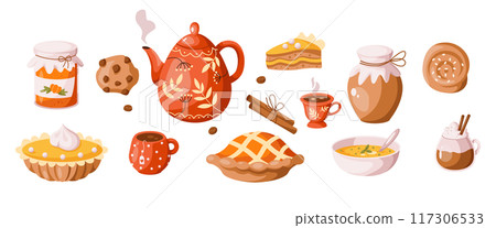 Homemade snacks and drinks of autumn products 2D objects Homemade snacks and drinks of autumn products 2D objects 117306533