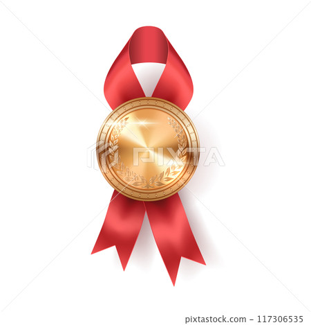 Blank golden medal with red silk ribbon vector illustration 117306535