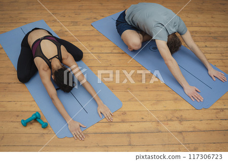 Training to become the best. Beautiful young woman and man in sports clothing exercising at home. 117306723