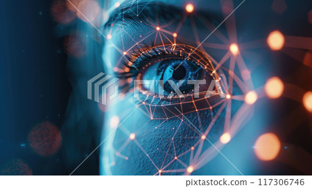 Young woman and work of biometric verification system on abstract background, facial recognition with AI technology. Concept of identification, id, face, eye, person 117306746