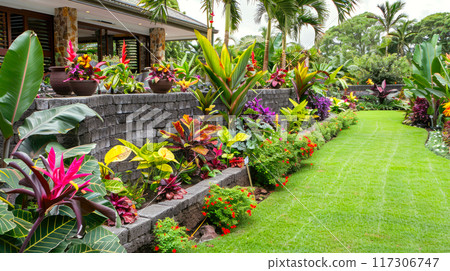 Tropical terraced home garden, landscaped backyard with retaining walls in summer. Concept of landscaping, plant, design, flower, stone 117306747