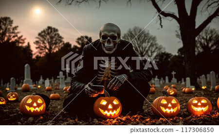 Skeletor looks at smartphone in old graveyard during Halloween celebration. Jack o lanterns in background. Illustration Skeletor looks at smartphone in old graveyard during Halloween celebration. Jack o lanterns in background. Illustration 117306850