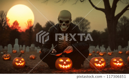 A thoughtful skeleton, contemplating his death, sits in an old graveyard with a smartphone in his hand during a Halloween sunset A thoughtful skeleton, contemplating his death, sits in an old graveyard with a smartphone in his hand during a Halloween sunset 117306851