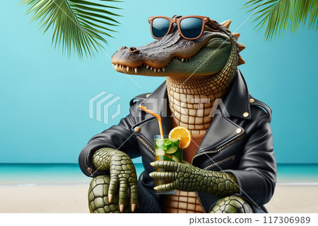 Anthropomorphic alligator exuding cool, relaxed vibe. Stylish leather jacket, casually sipping drink through straw. 117306989