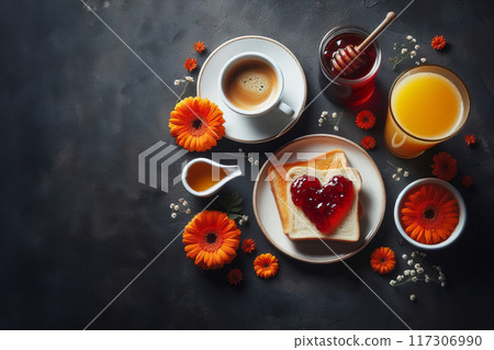 Charming breakfast setting on dark textured surface. 117306990