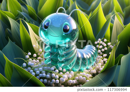 Turquoise transparent glass caterpillar rests atop lush glass lilies of the valley, creating a delicate and enchanting scene 117306994