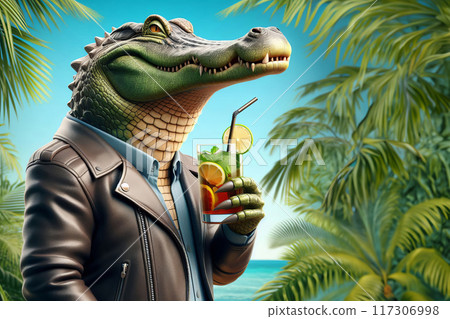 Stylish alligator exudes cool vibe in leather jacket, sipping drink. Whimsical blend of fashion and wildlife, Stylish alligator exudes cool vibe in leather jacket, sipping drink. Whimsical blend of fashion and wildlife, 117306998