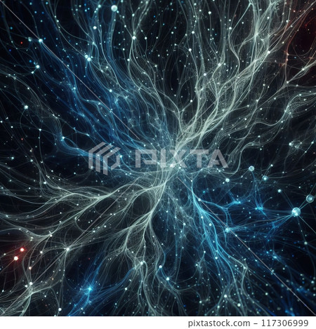 Abstract depiction of neural connections, glowing turquoise lines intricately weave across a dark canvas, 117306999