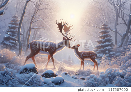 Pair of deer, one with antlers, one without, meet in snowy landscape. Their nose-touching suggests tender bonding Pair of deer, one with antlers, one without, meet in snowy landscape. Their nose-touching suggests tender bonding 117307000