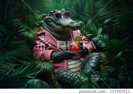 Stylish alligator with tropical backdrop, sips drink through straw. Fun mix of fashion and reptilian charm, 117307012