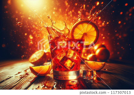A vibrant celebration captured in a single moment, showcasing a glass of a reddish-orange cocktail with ice cubes and a fresh orange 117307013