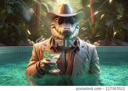 Crocodile holds drink in pool, digital art, high-detail iconic character, reptilian portrait, 117307022