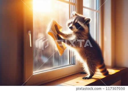 Charming digital painting depicts a raccoon cleaning a window with a cloth in a delightful concept art, 117307030