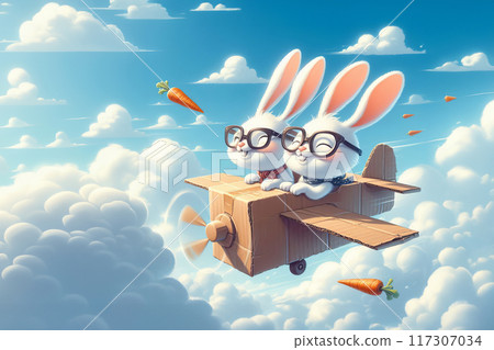 two whimsical rabbits wearing glasses, flying in a cardboard airplane against a sky backdrop. two whimsical rabbits wearing glasses, flying in a cardboard airplane against a sky backdrop. 117307034