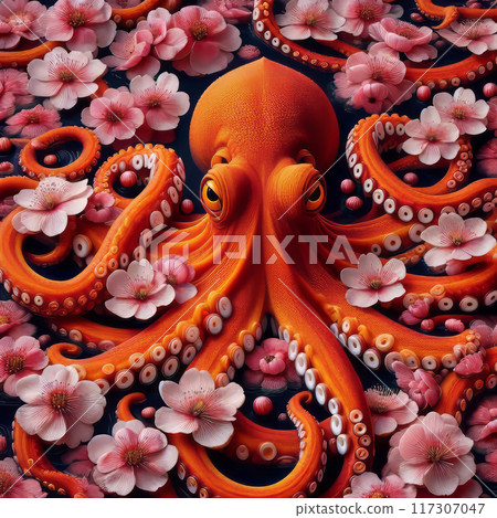 At the center, a vibrant orange octopus with large, prominent eyes. Tentacles gracefully intertwine with numerous pink flowers, The scene floats on water, adding an ethereal quality. 117307047