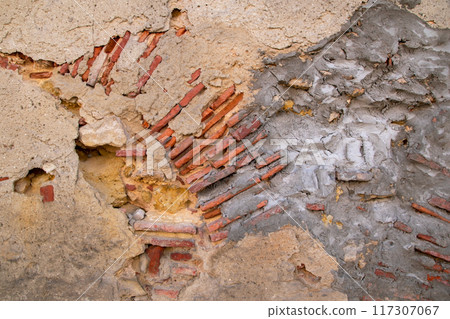 white peeling paint wall background, texture of a concrete old wall with stains and cracks 117307067