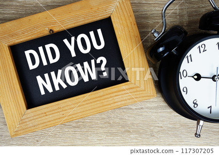 Did you know? text on chalkboard with alarm clock top view on wooden background Did you know? text on chalkboard with alarm clock top view on wooden background 117307205