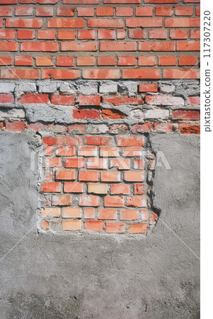 Photo of an old weathered brick wall, background or texture. Photo of an old weathered brick wall, background or texture. 117307220