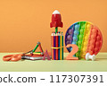 Group of colored stationery. rocket pencils on yellow background with rocket. Brain teaser and development for back to school or education. Bright accessories. Success achievement ideas 117307391