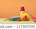 Group of colored stationery. rocket pencils on yellow background with rocket. Brain teaser development for back to school or education. Bright accessories. Success achievement digit 4 117307395