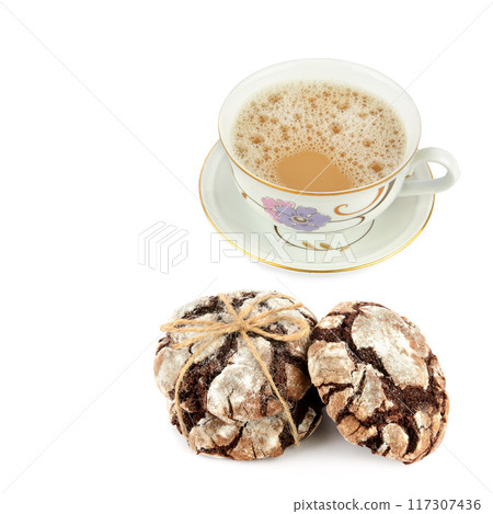 Coffee in vintage porcelain cup and chocolate chip cookies isolated on white. Collage. Free space for text. 117307436