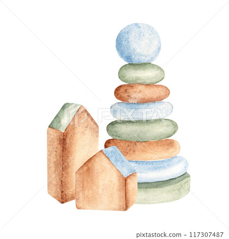 Eco baby toys. Composition of Wooden cubes, houses and pyramid. Watercolor hand drawn illustration isolated on white background. Clip art for kids products, ads, cards for baby shower or newborn Eco baby toys. Composition of Wooden cubes, houses and pyramid. Watercolor hand drawn illustration isolated on white background. Clip art for kids products, ads, cards for baby shower or newborn 117307487