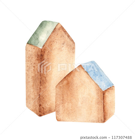 Eco baby toys. Composition of Wooden cubes, houses with a green and blue roof. Watercolor hand drawn illustration isolated on white background. Clip art for kids products, shop advertisement, cards Eco baby toys. Composition of Wooden cubes, houses with a green and blue roof. Watercolor hand drawn illustration isolated on white background. Clip art for kids products, shop advertisement, cards 117307488