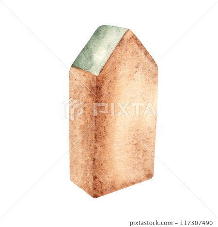 Eco baby toy. Wooden cube, house with a green roof. Watercolor hand drawn illustration isolated on white background. Clip art for kids goods, kid's shop, cards for baby shower. Eco baby toy. Wooden cube, house with a green roof. Watercolor hand drawn illustration isolated on white background. Clip art for kids goods, kid's shop, cards for baby shower. 117307490