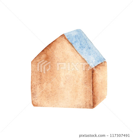 Eco baby boy toy. Wooden cube, house with a blue roof. Watercolor hand drawn illustration isolated on white background. Clip art for kids goods, kid's shop, cards for baby shower. Eco baby boy toy. Wooden cube, house with a blue roof. Watercolor hand drawn illustration isolated on white background. Clip art for kids goods, kid's shop, cards for baby shower. 117307491