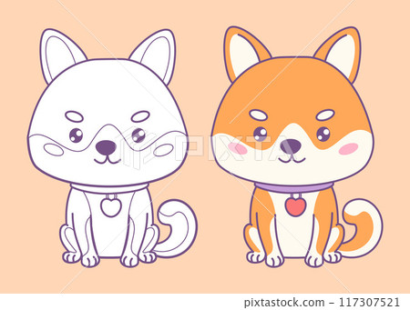 Cute dog Shiba Inu. Funny cartoon kawaii character pet. Isolated Color and outline drawing. Vector illustration 117307521