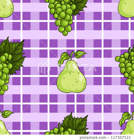 Seamless pattern with fruits green ripe pear and grapes on purple checkered background. Vector illustration 117307522