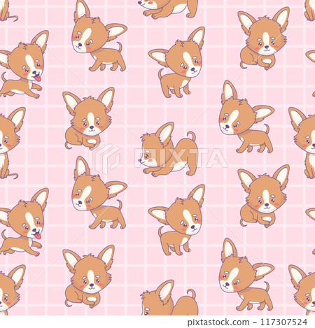 Seamless pattern with chihuahua dog on pink checkered background. Funny cartoon kawaii pet character. Vector illustration. Kids collection. 117307524