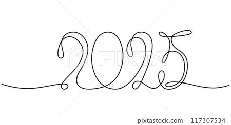 Decoration continuous line hand drawing sign for 2025 year calendar, presentation, poster. Vector stock illustration minimalism design isolated on white background. Editable stroke single line. EPS10 117307534