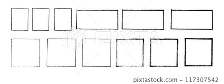 Chalk or crayon hand drawing frames set. Grunge rectangle and square shape. Vector stock illustration isolated on white background for design template social media files, print and photo materials. Chalk or crayon hand drawing frames set. Grunge rectangle and square shape. Vector stock illustration isolated on white background for design template social media files, print and photo materials. 117307542