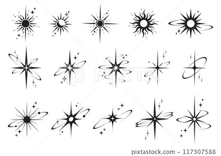 Line icons of stars. Y2k shiny elements. Sparkles and glitter symbols. Retro graphic set of minimal figures. Magic black twinkles sun and moon with cosmic orbits on white background. Line icons of stars. Y2k shiny elements. Sparkles and glitter symbols. Retro graphic set of minimal figures. Magic black twinkles sun and moon with cosmic orbits on white background. 117307588