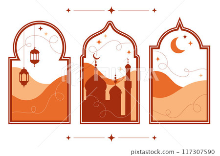 Ramadan Islamic border shapes with minimal Arabian landscape, mosque and lanterns. Window arch frame with sand dunes and moon on night sky. Set for posters and greeting cards 117307590