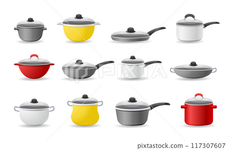 Cooking pans. Kitchen pots. Metal saucepans. Cook dishes. Steel boiling ladle. Tools for frying or soup preparing. Domestic crockery. Dinner preparation cookware. Vector kitchenware set Cooking pans. Kitchen pots. Metal saucepans. Cook dishes. Steel boiling ladle. Tools for frying or soup preparing. Domestic crockery. Dinner preparation cookware. Vector kitchenware set 117307607