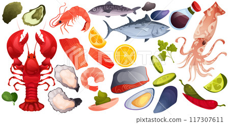 Fish food. Seafood cook, salmon dish or grill sea cod, tuna or trout with gourmet rosemary and lemon. Marine meal, ocean restaurant or cafe decorative delicacy elements. Vector illustration Fish food. Seafood cook, salmon dish or grill sea cod, tuna or trout with gourmet rosemary and lemon. Marine meal, ocean restaurant or cafe decorative delicacy elements. Vector illustration 117307611