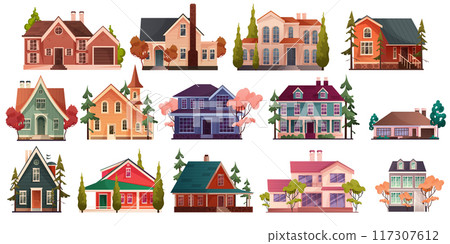 Home icons. Color buildings. Residential real estate. Suburb houses facade with windows and roofs. Shop minimal pictograms. Cottage constructions. City property. Vector townhouses set Home icons. Color buildings. Residential real estate. Suburb houses facade with windows and roofs. Shop minimal pictograms. Cottage constructions. City property. Vector townhouses set 117307612