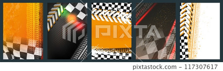 Car race background. Track flag pattern. Sport tire or rally checker for motorcycle speed road. Automobile drift mark. Motocross drive. Formula competition. Vector grunge posters set 117307617