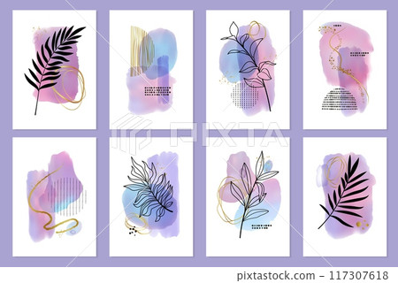 Watercolor shapes. Abstract watercolour geometric paint, boho gold and brown order elements, leaves and golden lines. Minimalist floral poster or wall art. Wedding invitation. Vector design 117307618