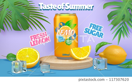 Summer drink. 3D fruit soda ad banner. Lemon juice beverage product or fresh sparkling water promotion. Cola can on pedestal. Tropical package. Citrus slices. Vector design background 117307620