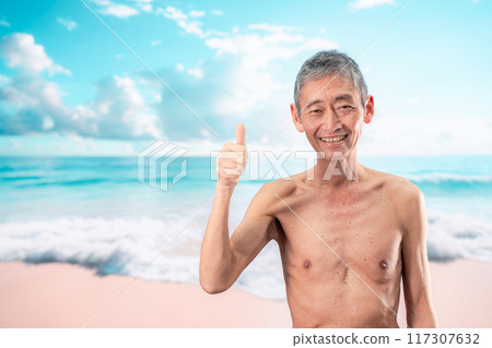 Elderly man having fun on the beach Elderly man having fun on the beach 117307632
